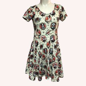 LIQUOR Brand Animal Hospital Tattoo Style Mini Summer Flared Dress Size Med